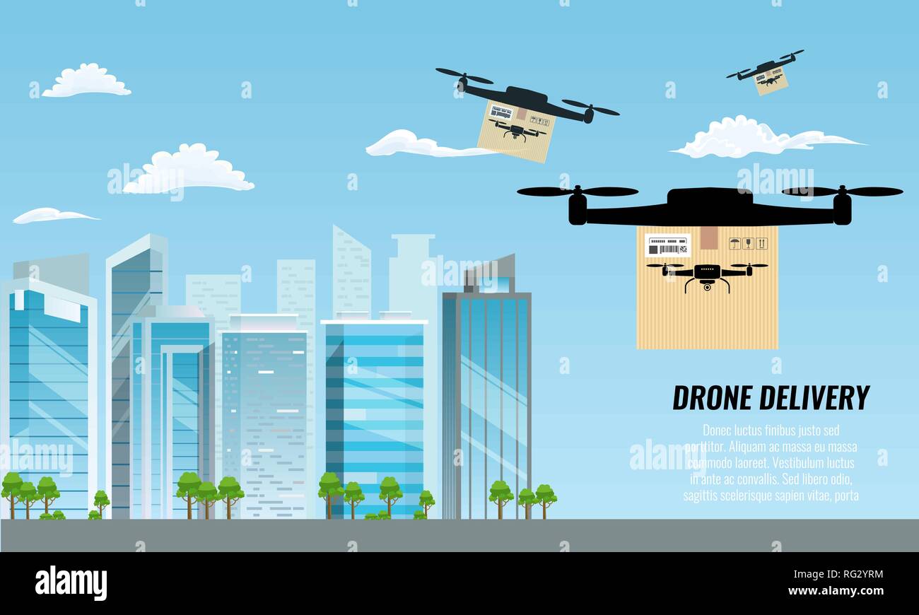 Drone delivery with the package box against city view background ...