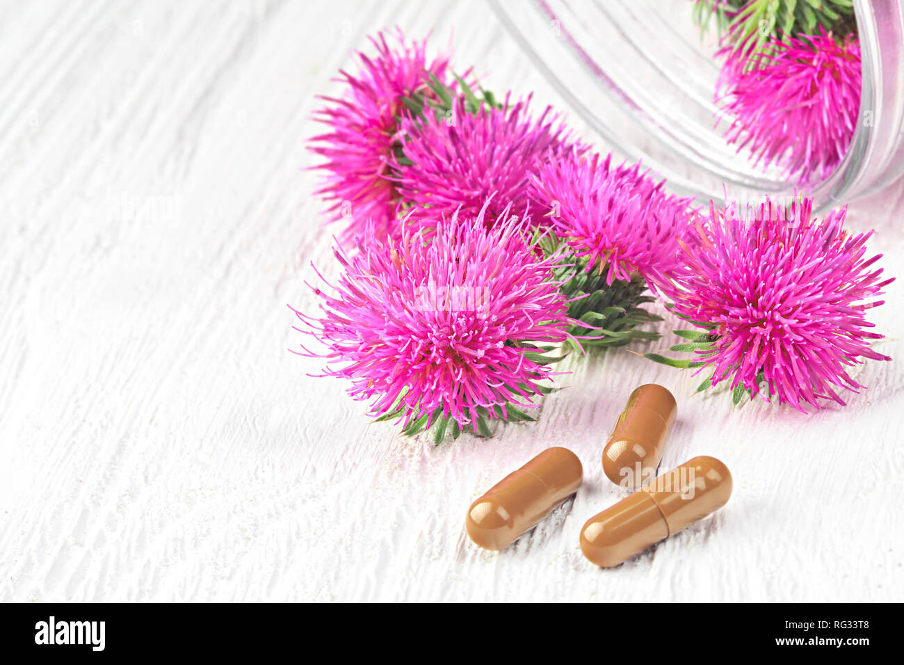 Silybum marianum (milk thistle) pills and flowers on a white wooden