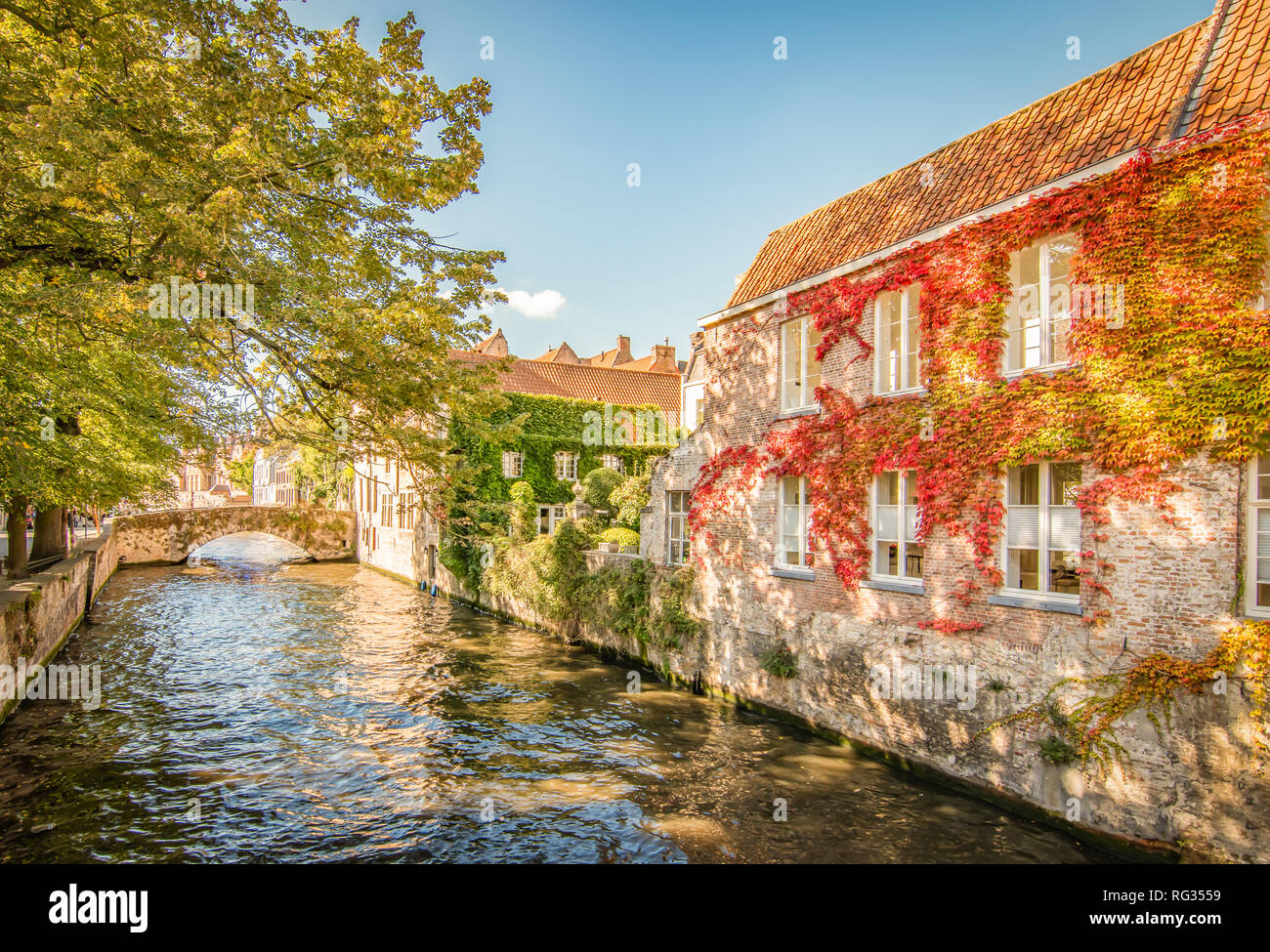 Medieval and romantic Bonifacius bridge and canal in the city centre of Bruges, Belgium Stock Photo