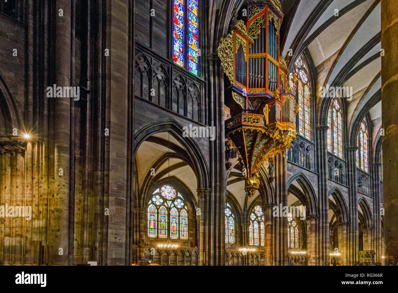 The great organ in swallow's nest in the cathedral of Strasbourg, France Stock Photo