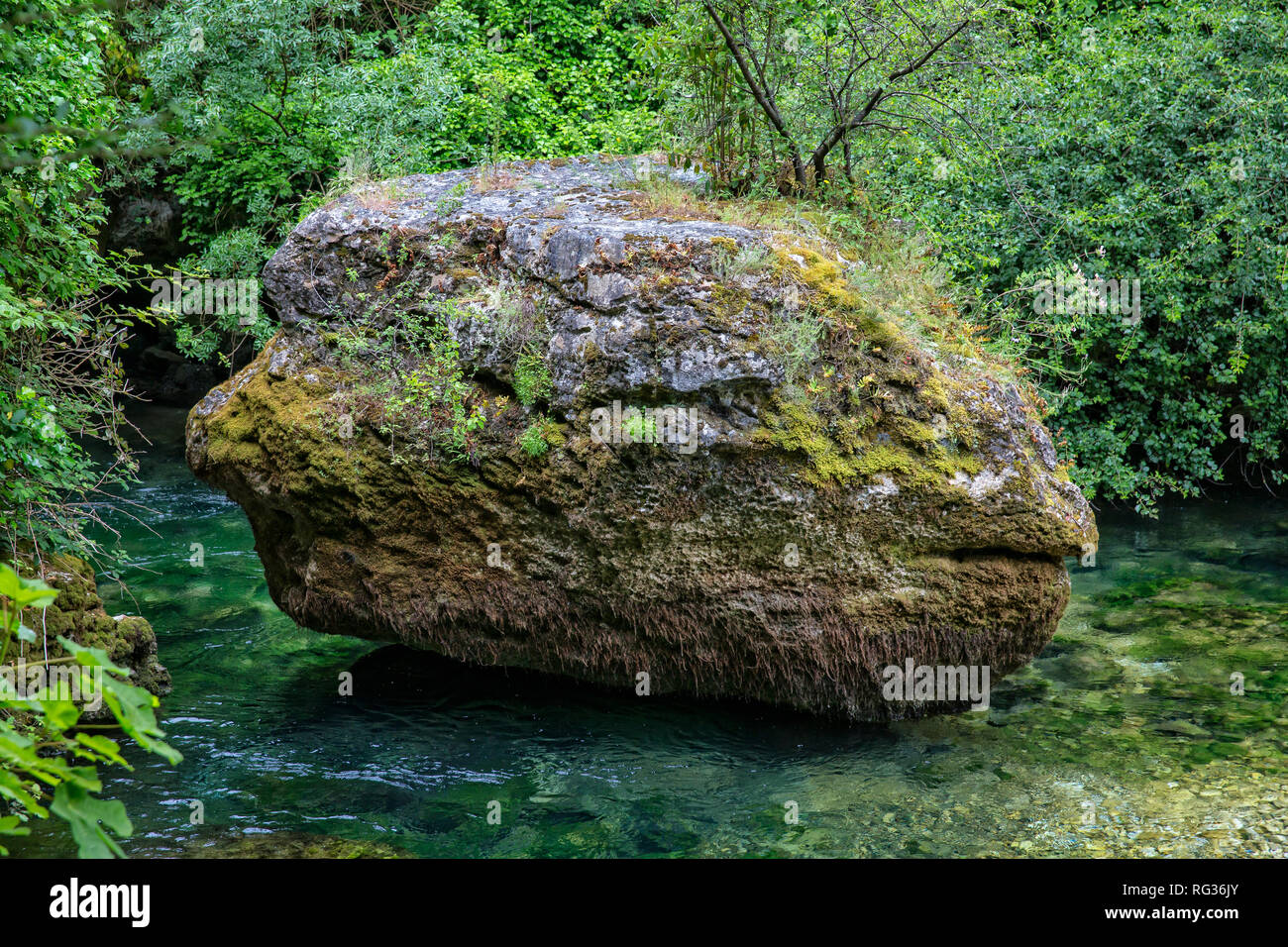 The big rockfish. Big mossy Rock on the river Sorgue, Fontaine de Vaucluse, Provence, Luberon, Vaucluse, France Stock Photo