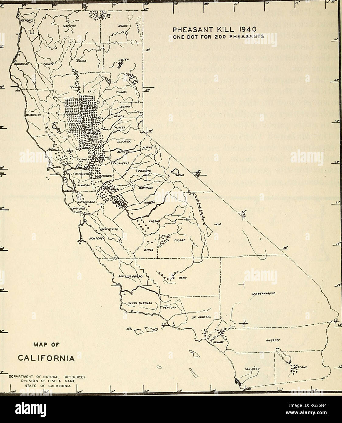 . California fish and game. Fisheries -- California; Game and game-birds -- California; Fishes -- California; Animal Population Groups; Pêches; Gibier; Poissons. 32 FISH AND GAME COMMISSION r PHEASANT KILL 1940 ONE DOT FOR 200 PHEASANTS. MAP or CALIFORNIA OC^nruzur or natural HfSOuflCES DwiSrON or riSM t camc I STATC or CALirOHMW Jti. Fig. evaluation of certain diseases of wildlife has been based on the findings in similar domestic species but we are finding, as in the case of coccidiosis in valley quail, that the picture may be vastly different in many respects and therefore requires a differ Stock Photo