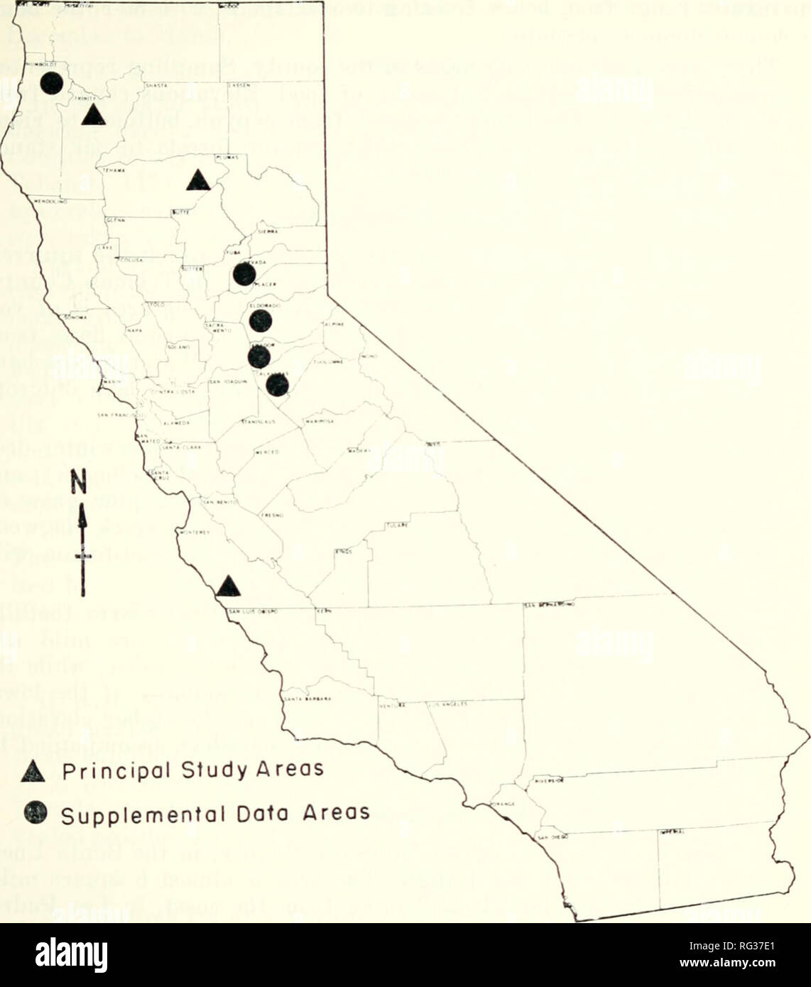 . California fish and game. Fisheries -- California; Game and game-birds -- California; Fishes -- California; Animal Population Groups; Pêches; Gibier; Poissons. GRAY SQUIRREL FOOD HABITS 37. A Principal Study Areas • Supplemental Data Areas FIGURE 1—Location mcp, showing gray squirrel collecting areas. Drawing by C/iffa Corson. extend into western Siskiyou and western Shasta Counties, part of Del Norte County, and southwestern Oregon. Yellow pine (Pinus ponderosa)—Douglas fir (Pseudotsuga m&lt; nziesii) forests form the dominant vegetation of the Klamath Mountains. These forests are intersper Stock Photo