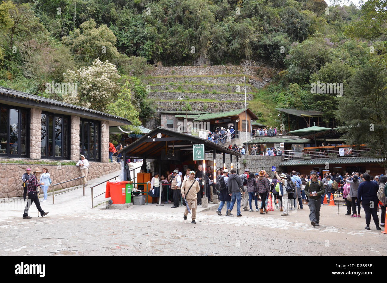 MACHU PICCHU / PERU, August 16, 2018: Tourists at the entrance to Machu Picchu Stock Photo