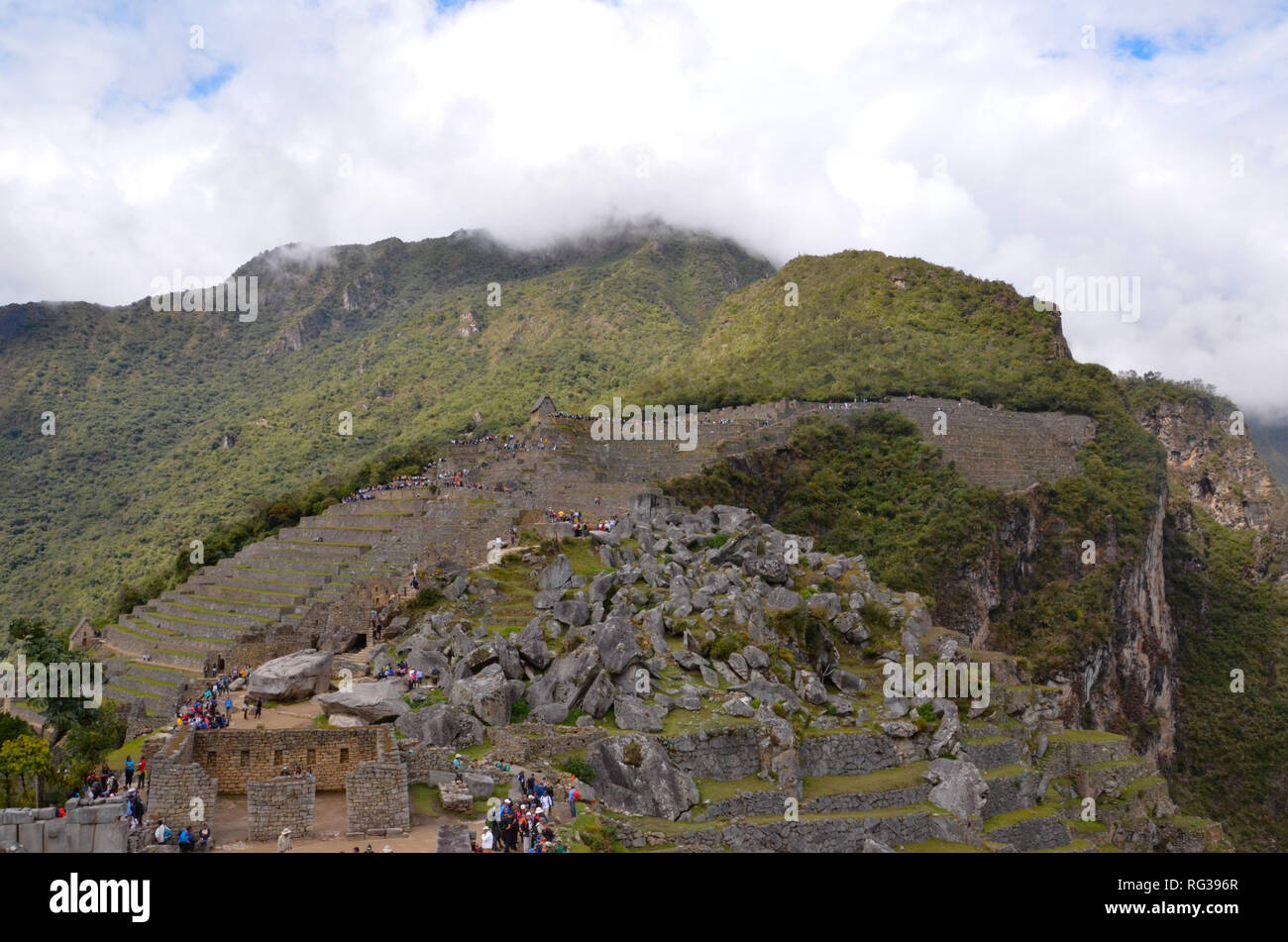 MACHU PICCHU / PERU, August 16, 2018: The quarry is visible from this side view of Machu Picchu. Stock Photo