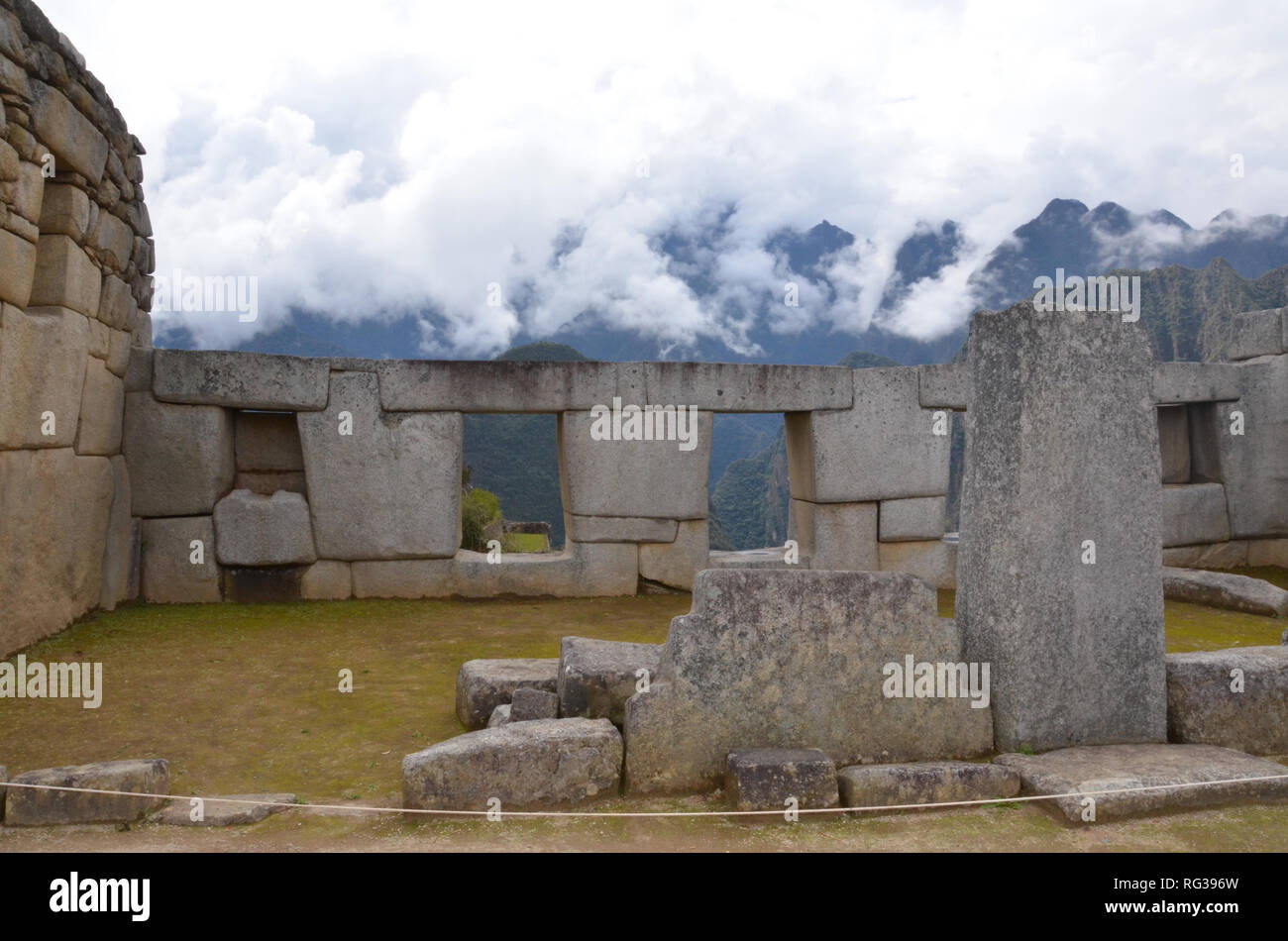 MACHU PICCHU / PERU, August 16, 2018: Sacred Plaza of Machu Picchu  overlooks the mountains Stock Photo