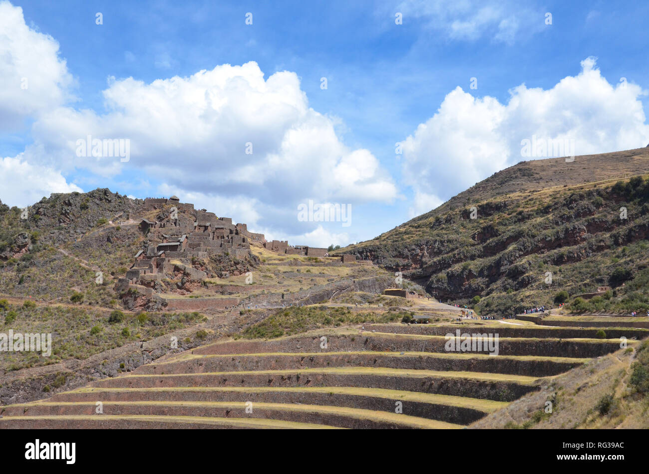 PISAQ / PERU, August 16, 2018: Bottom view of the terraces in the ruins of Pisaq near Cusco. Stock Photo