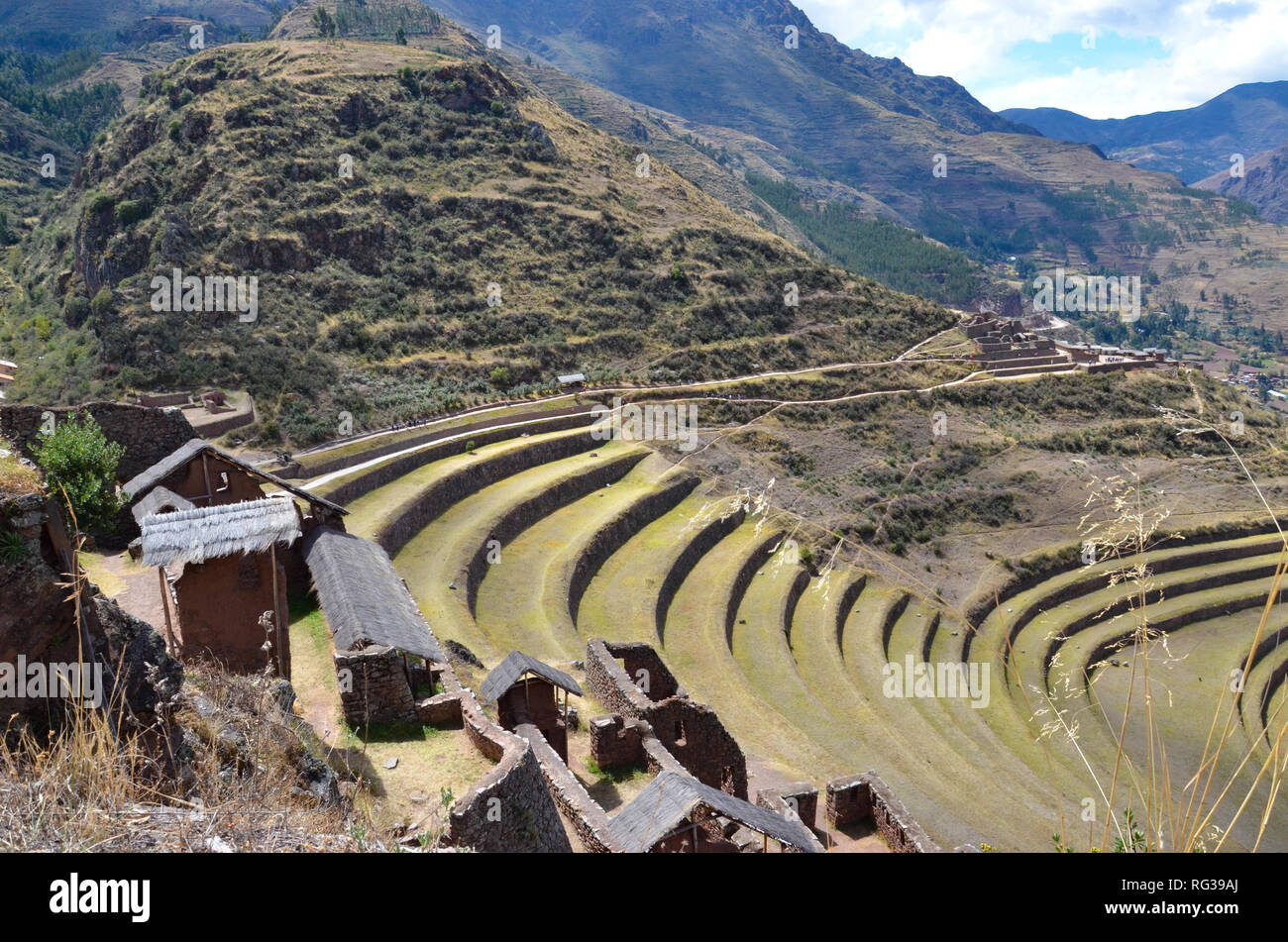 PISAQ / PERU, August 16, 2018: Top view of the terraces in the ruins of Pisaq near Cusco. Stock Photo