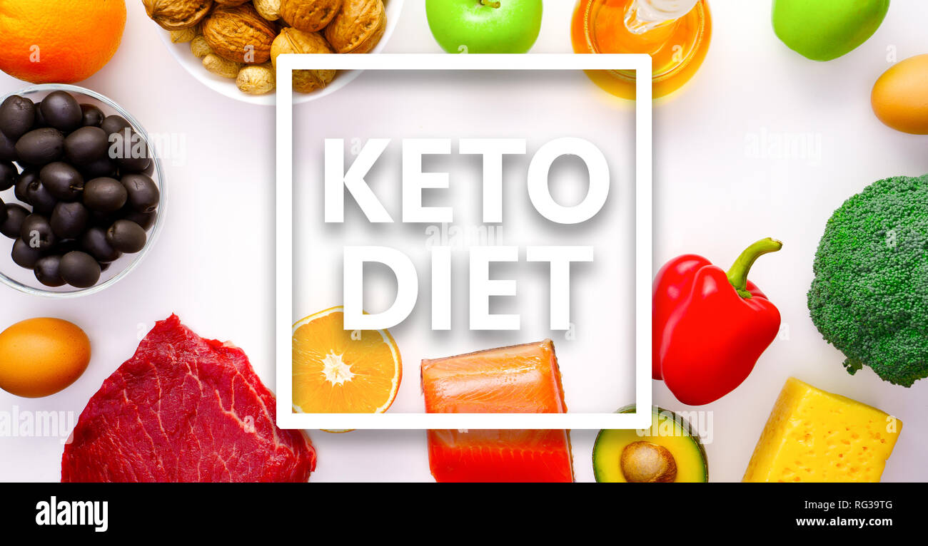 Image on top of piece of meat, fish, cheese, eggs, vegetables, fruits, olives, walnuts on white background.Ingredients for ketogenic diet. Stock Photo
