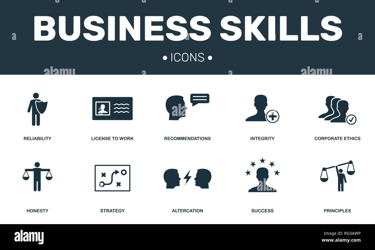 Business Skills set icons collection. Includes simple elements such as Integrity, Corporate Ethic, Altercation and Strategy premium icons. Stock Vector