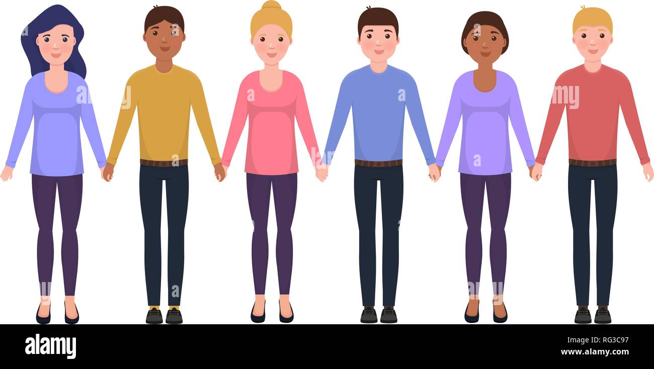 People hold hands, characters in flat style, Friendship vector illustration Stock Vector