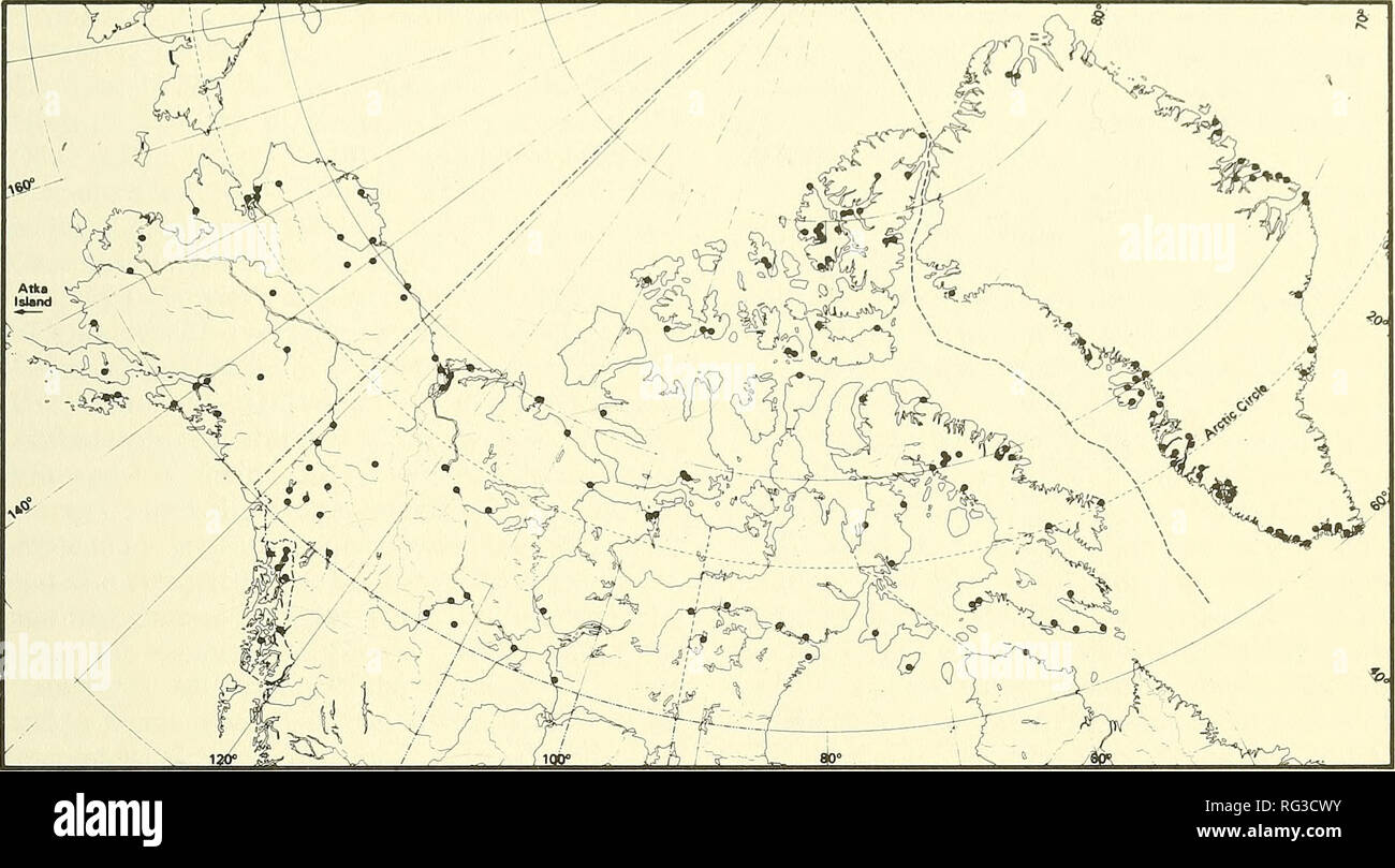 . The Canadian field-naturalist. 1992 Crowder, Topping, Garwood, Handford, Vardy and Bretzke 273. Figure 1. Sites of collections made during 1828 to 1977 in Canada north of 60°N, in Alaska and in Greenland. The rivals of the Hudson's Bay Company, the Northwest Company, built two forts on the Mackenzie, Fort Simpson and Fort Good Hope, where specimens were collected in 1861. The collec- tor's name is so far indecipherable, but the speci- mens were labelled &quot;Explorations in Subarctic America&quot; and were exchanged by G. W. Clinton, a correspondent of Fowler's who lived in New York State ( Stock Photo