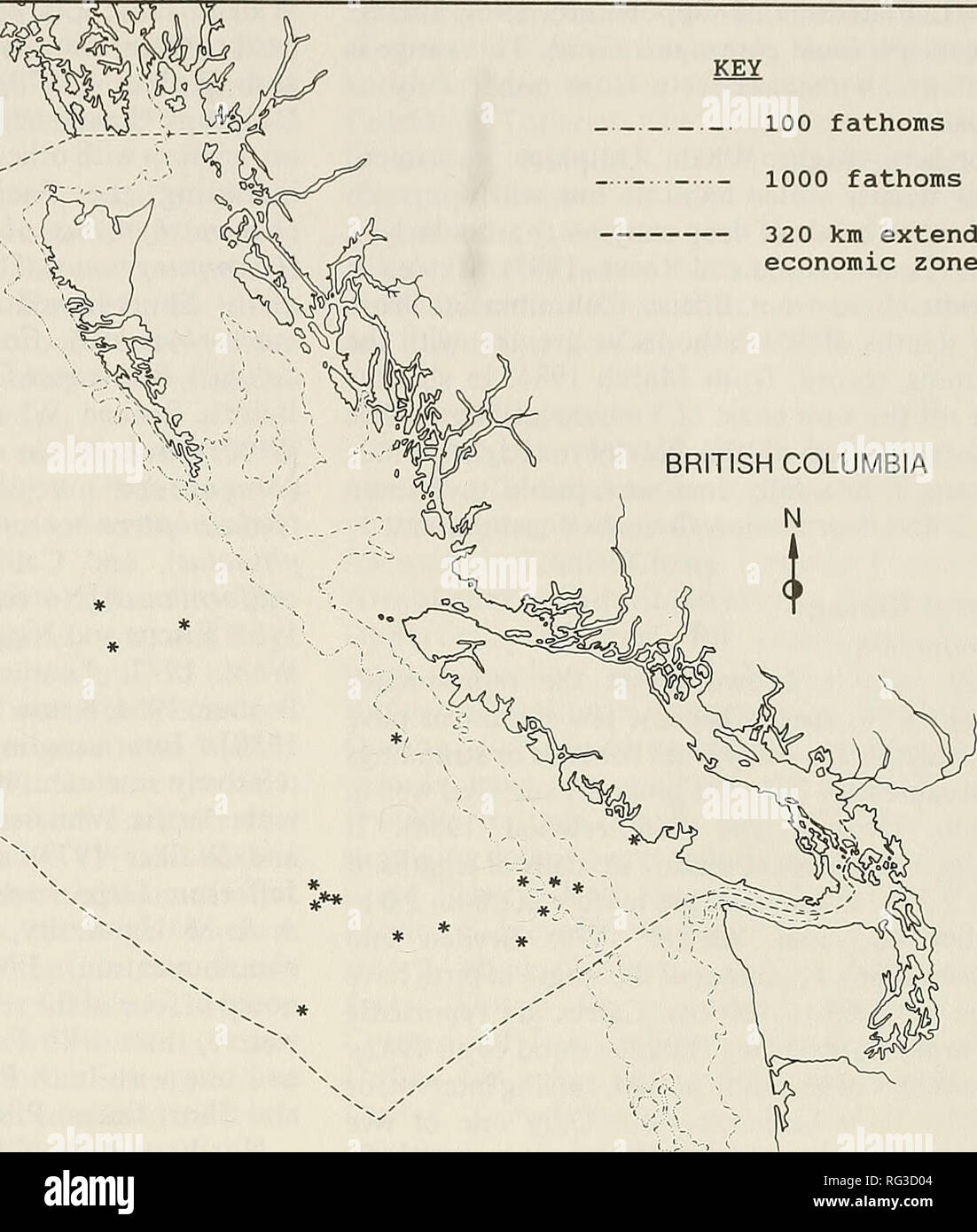 . The Canadian field-naturalist. 1991 Baird and Stacey: Status of the Northern Right Whale Dolphin 247 52°N- 48°N 100 fathoms 1000 fathoms 320 km extended economic zone BRITISH COLUMBIA N. 134°W 126°W Figure 4. Records of the Northern Right Whale Dolphin in the Canadian 320 km (200 mi) extended economic zone. individuals, but Leatherwood and Walker (1979) gave a tentative estimate of 17 800 individuals for a 20 000 square mile area off southern California. No recent estimate of total population size exists, but Northern Right Whale Dolphins appear to be among the most abundant of the oceanic d Stock Photo