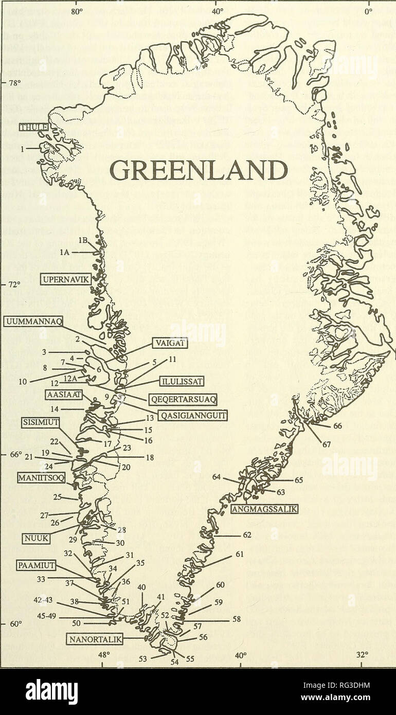 . The Canadian field-naturalist. 1994 Teilmann and Dietz: The Harbour Seal in Greenland 145. 78°- 72°- nTOQQORTORMmj 66°- 60°- Figure 2. Harbour Seal localities based on the literature. Details on locations are presented in Table 1.. Please note that these images are extracted from scanned page images that may have been digitally enhanced for readability - coloration and appearance of these illustrations may not perfectly resemble the original work.. Ottawa Field-Naturalists' Club. Ottawa, Ottawa Field-Naturalists' Club Stock Photo