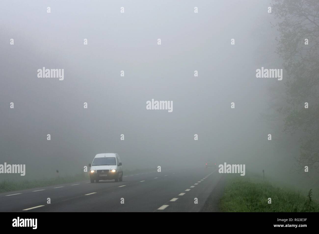FRA, France, Normandy: morning fog, country road. Stock Photo