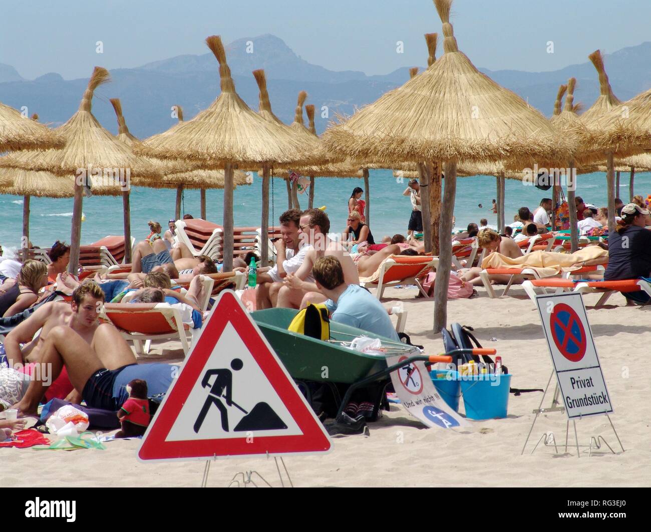 ESP, Spain, Balearic Islands, Mallorca : Beach at S'Arenal, bay of Palma, mass tourism, german tourists marked their beach Stock Photo