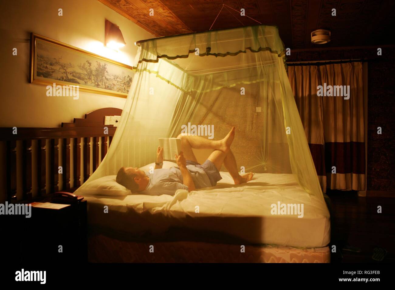 LKA, Sri Lanka : Siddhalepa Ayurveda Resort , hotel room with mosquito net. Stock Photo