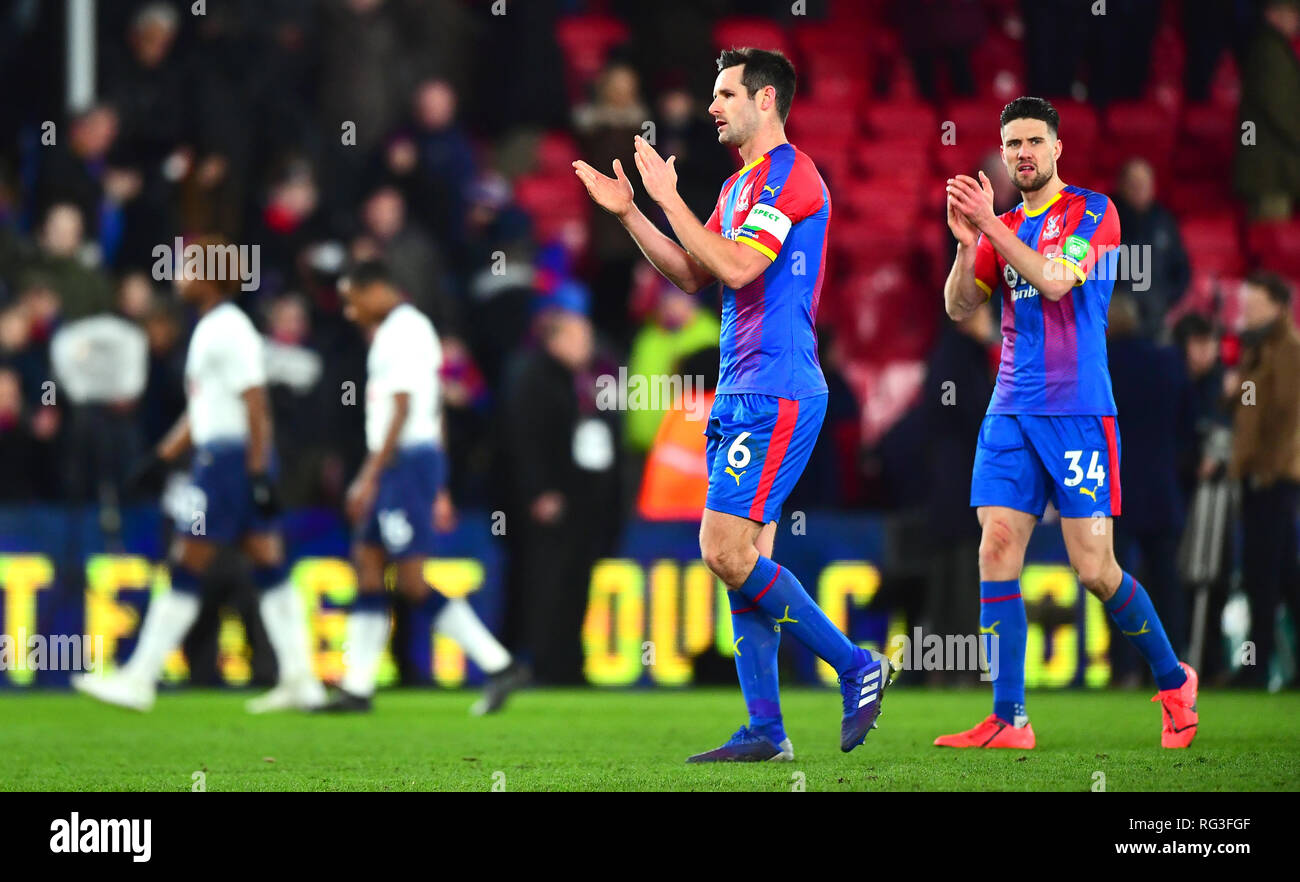 Crystal Palace's Martin Kelly (right) and Scott Dann celebrate victory after the FA Cup fourth round match at Selhurst Park, London. Stock Photo