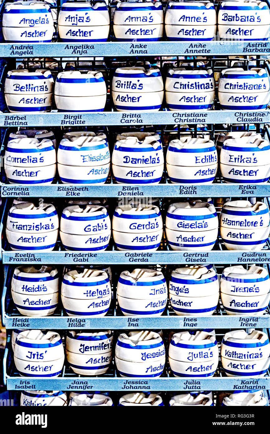 Ashtrays with names, sold in a souvenirshop in Husum; Aschenbecher mit Namen Stock Photo