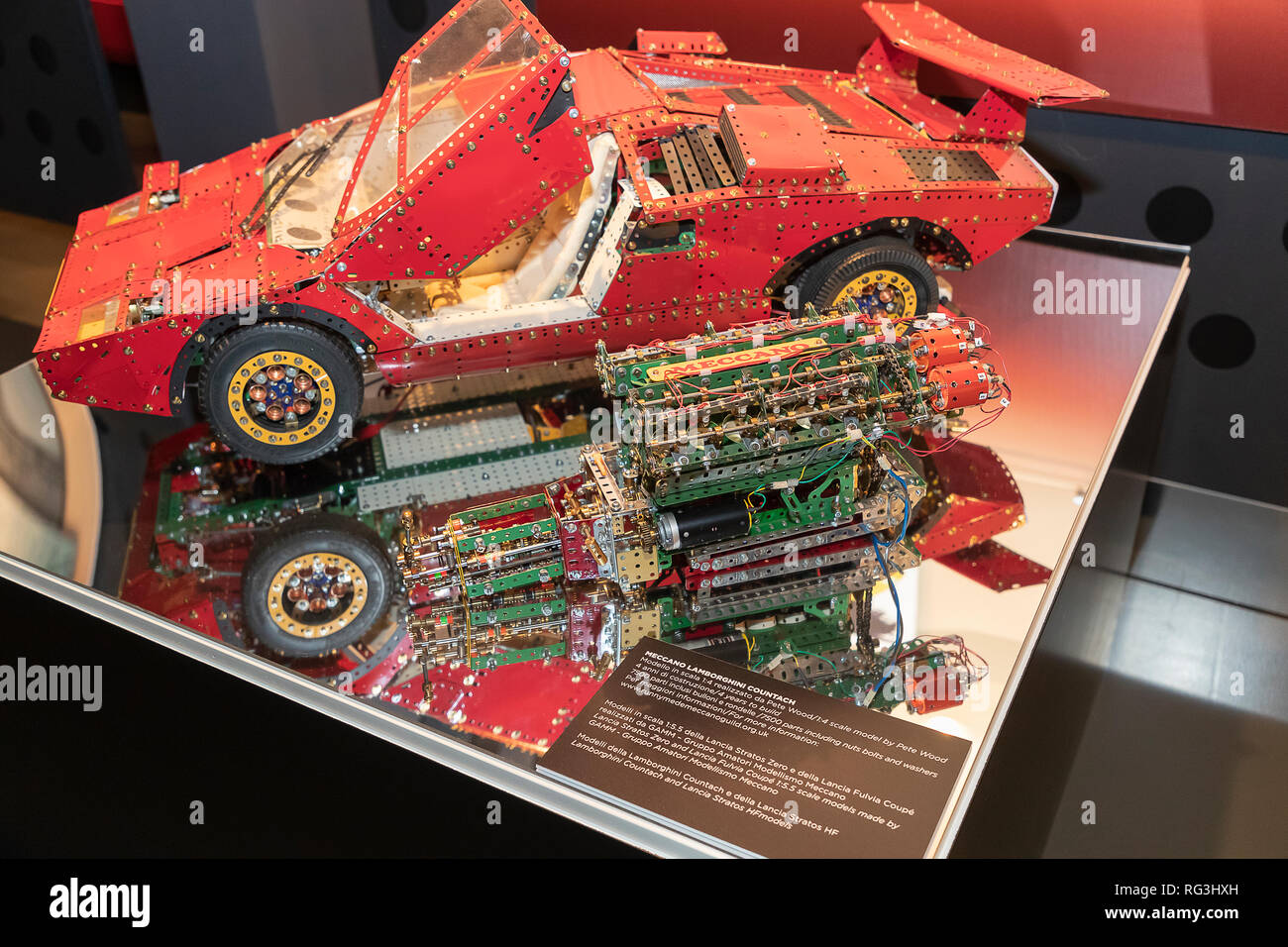 Turin. Exhibition at the National Car Museum named MAUTO, devoted to the car designer Marcello Gandini ' A scale model made with the Meccano Stock Photo