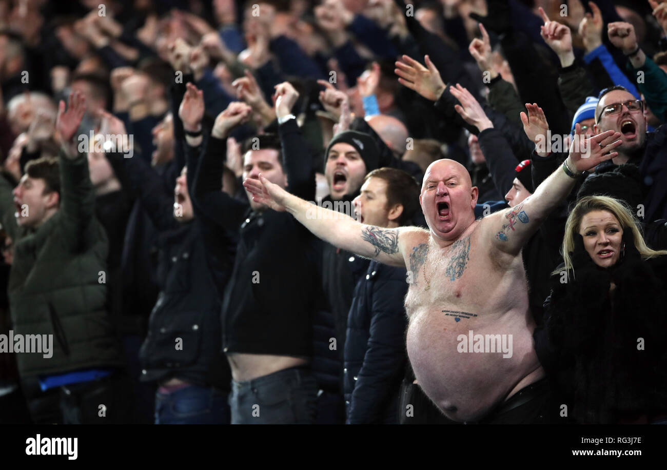 Sheffield Wednesday fan Paul 'Tango' Gregory (second right) in the stands during the FA Cup fourth round match at Stamford Bridge, London. Stock Photo