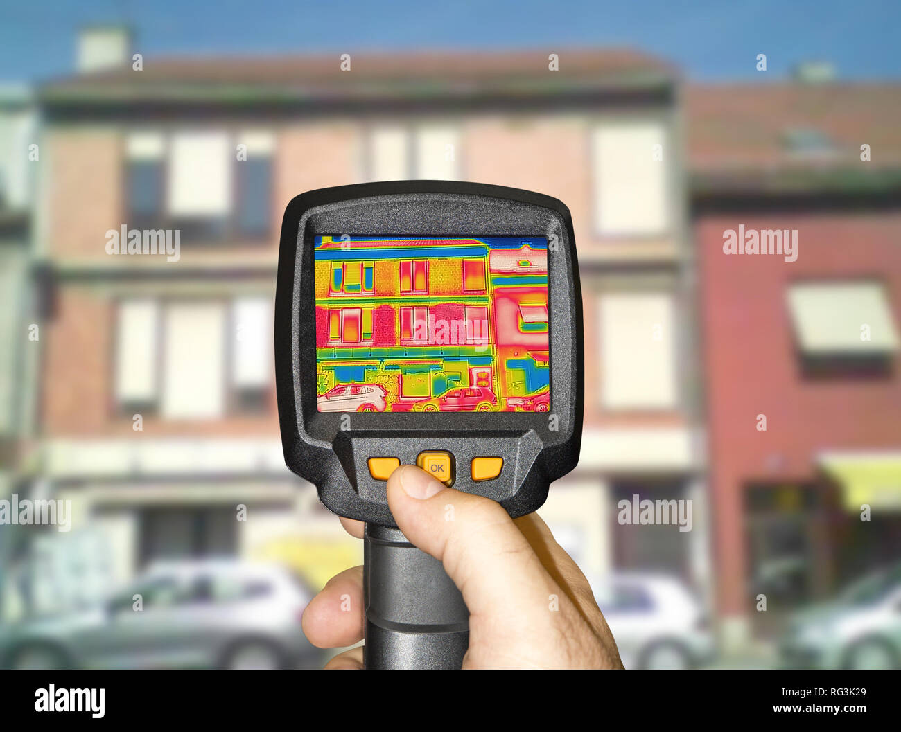 Detecting Heat Loss Outside building Using Thermal Camera Stock Photo