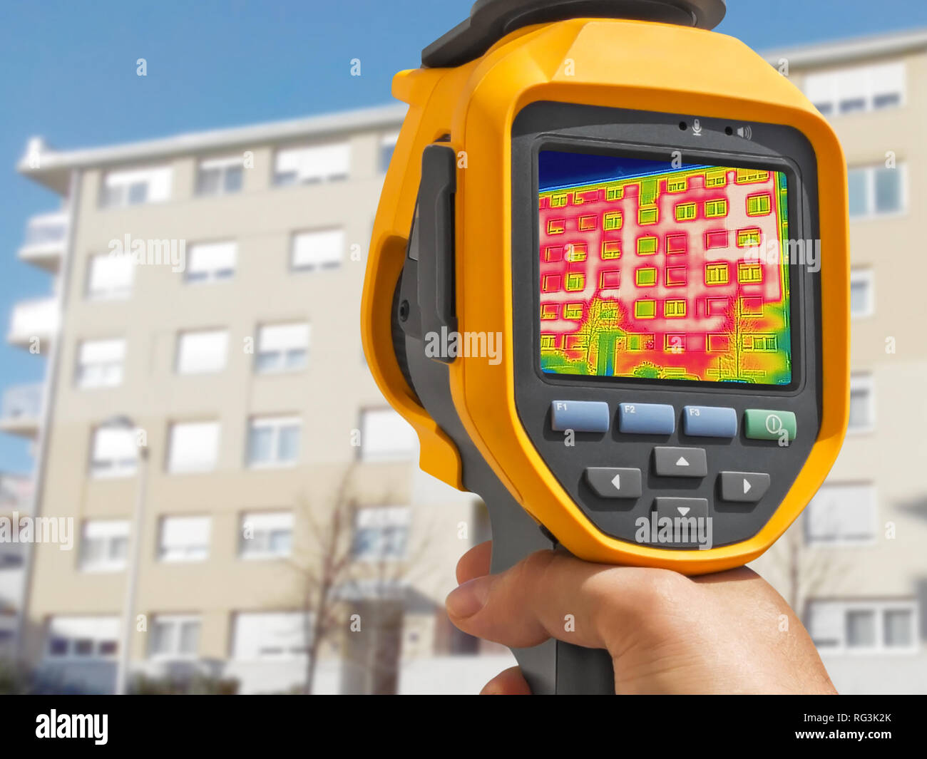 Detecting Heat Loss Outside building Using Thermal Camera Stock Photo