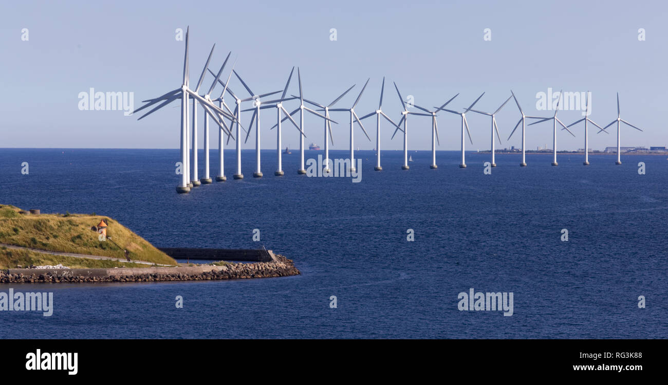 Beautiful island windmills in Copenhagen Harbour Stock Photo