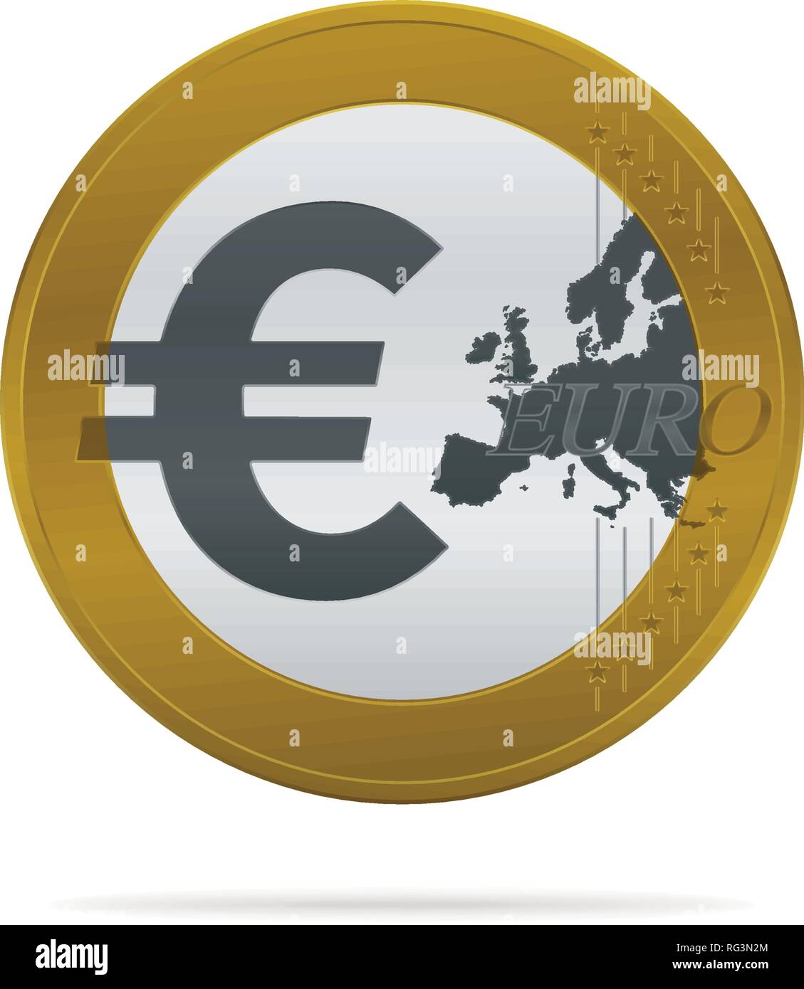 Gold colored euro coin on white background. Currency icon design. Stock Vector