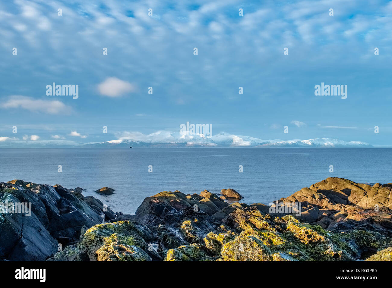 The Isle of Arran in Winters first Snow of 2019 from the foreshore of ...