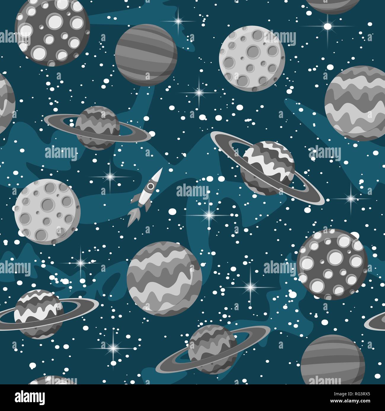 Cartoon hand-drawn space, planets seamless pattern vector background Stock Vector