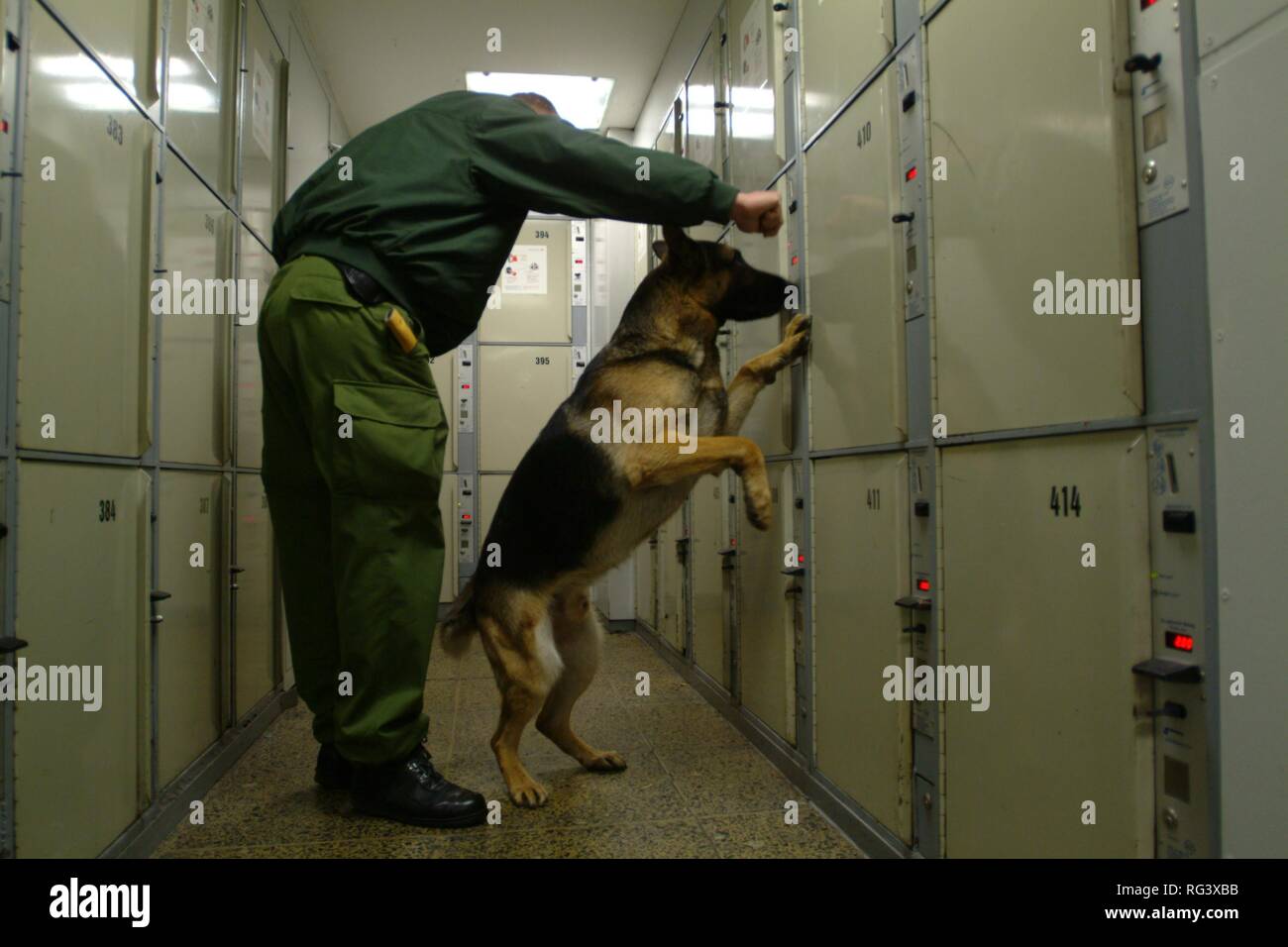 DEU, Germany, NRW: Search for explosive devices. Special dog/officer unit to detect the smell of different explosives. Police Stock Photo