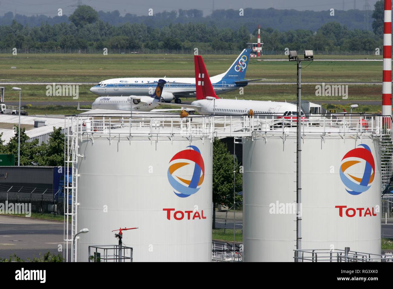 DEU, Germany, Duesseldorf: Fuel tanks at the Duesseldorf International Airport. Stock Photo