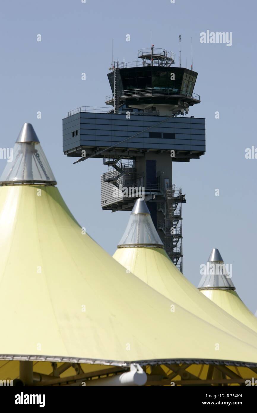 DEU, Germany, Duesseldorf: Tower, air traffic control at the Duesseldorf International Airport. Stock Photo
