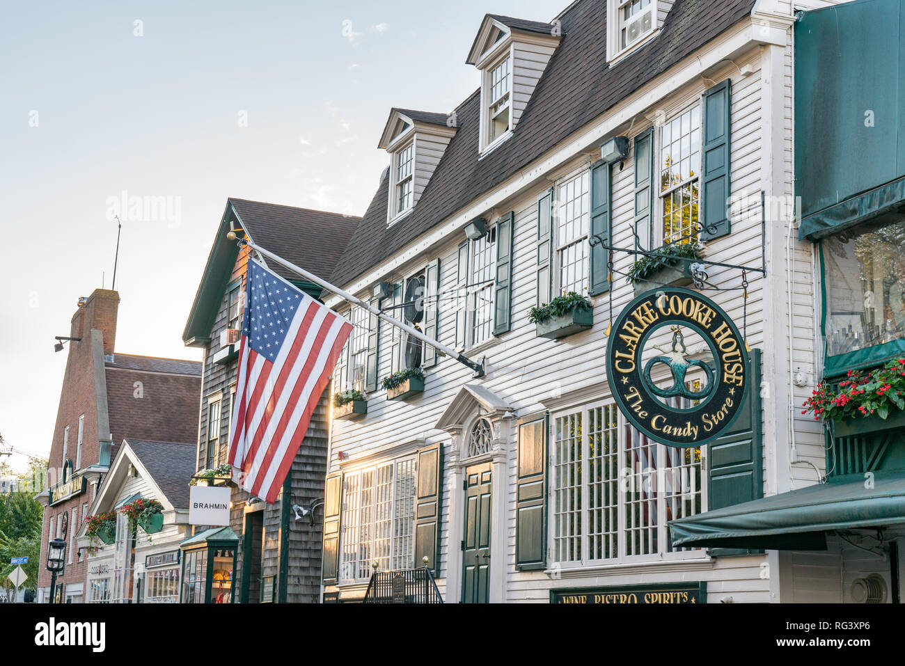 NEWPORT, CT - SEPTEMBER 30, 2018: Bowen's Wharf, historic shopping and dining destination in Newport Harbor Stock Photo