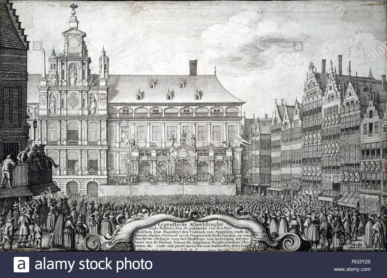 The Peace of Münster was a treaty between the Lords States General of the United Netherlands and the Spanish Crown, the terms of which were agreed on 30 January 1648. The Treaty is a key event in Dutch history marking formal recognition of the independent Dutch Republic and formed part of the Peace of Westphalia ending the Thirty Years' War and the Eighty Years' War. Etching by Bohemian etcher Wenceslaus Hollar from 1600s Stock Photo
