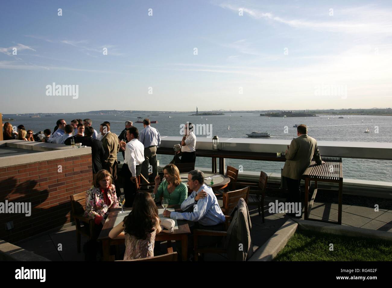 USA, United States of America, New York City: Terrace of the Rise Bar of the Ritz Carlton Hotel Battery Park. Stock Photo