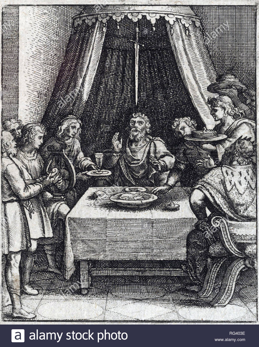 The Sword of Damocles, etching by Bohemian etcher Wenceslaus Hollar from 1600s Stock Photo