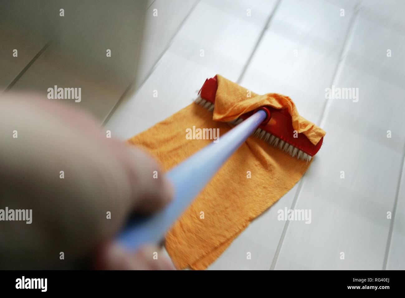 DEU, Germany : Housecleaning in a private house/apartment. Cleaning in the bathroom. Wiping the floor. Stock Photo