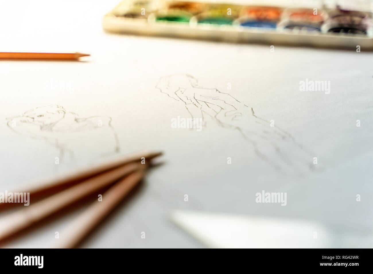 Artist work station for drawing figure sketches. Stock Photo
