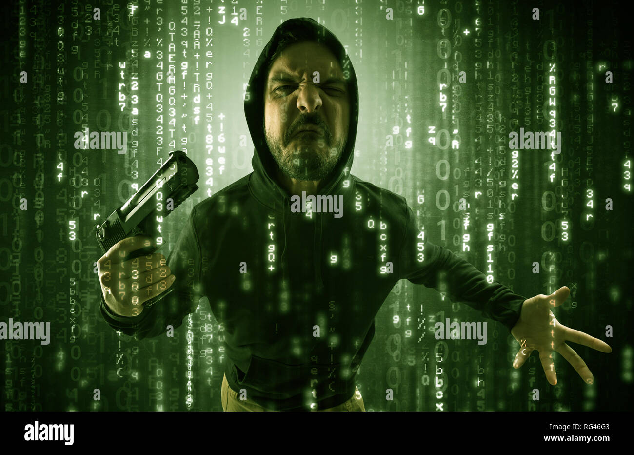 Masked and armed anonymous hacker breaking in cyber security cloud data concept  Stock Photo