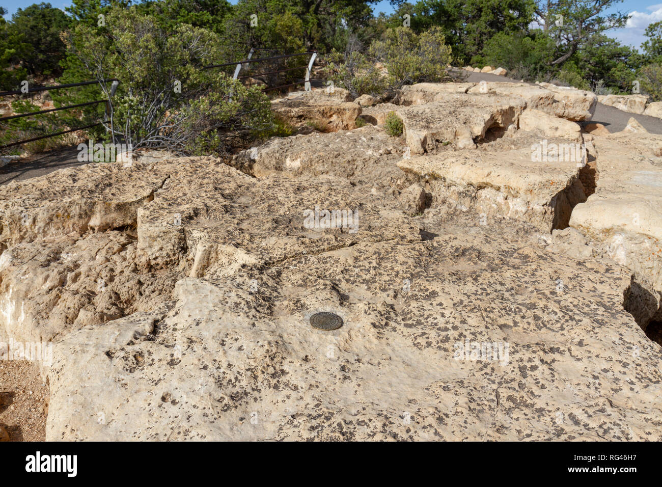 A US Coast & Geodetic Survey reference mark on a rock at Cape Royal viewpoint, Grand Canyon North Rim, Arizona, United States. Stock Photo