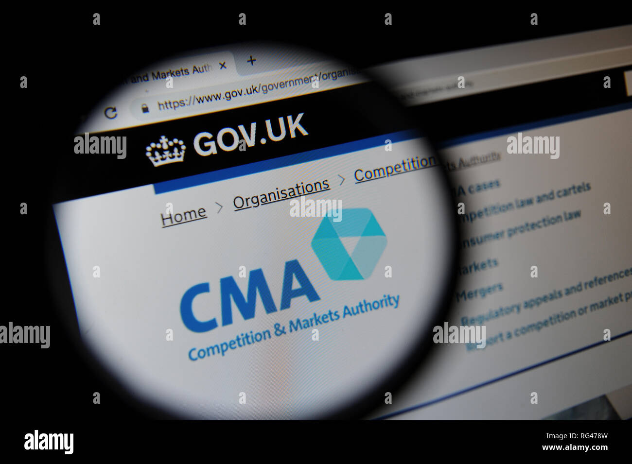 The Competition and Markets Authority (CMA) website seen through a