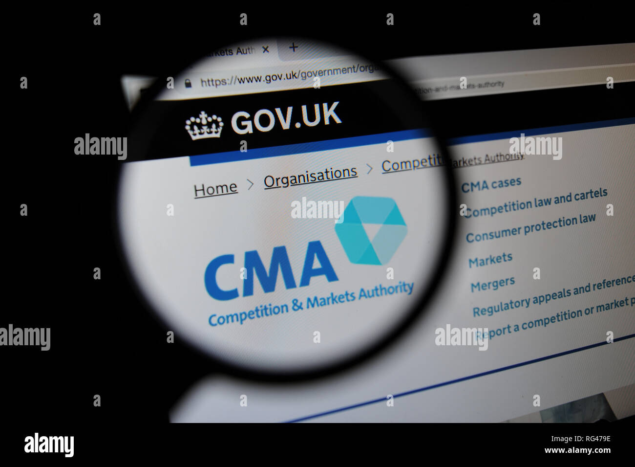 The Competition and Markets Authority (CMA) website seen through a
