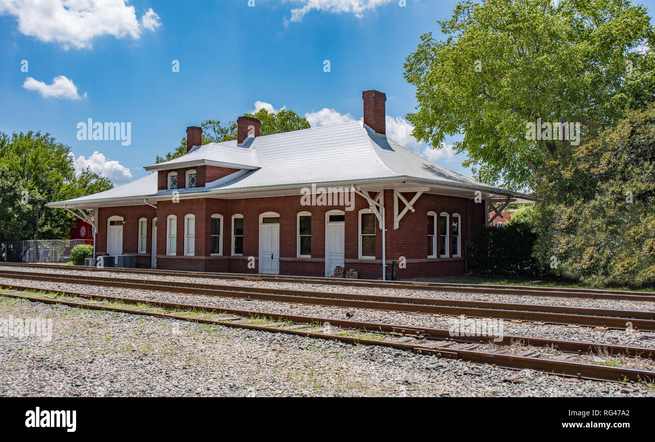 An old historical railroad station in Apex, North Carolina.  (high saturation) Stock Photo