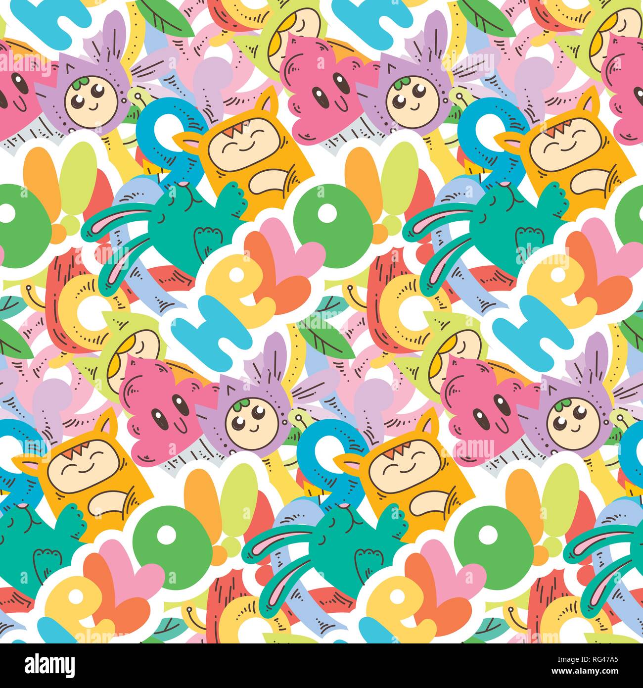 Hello. Seamless vector pattern with cute cartoon monsters and beasts ...