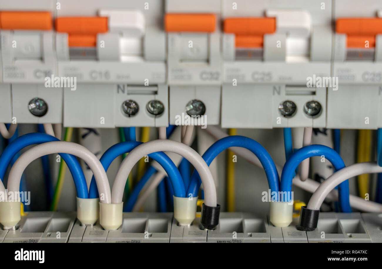 Terminals, contacts, circuit breakers wiring in electrical switchboard