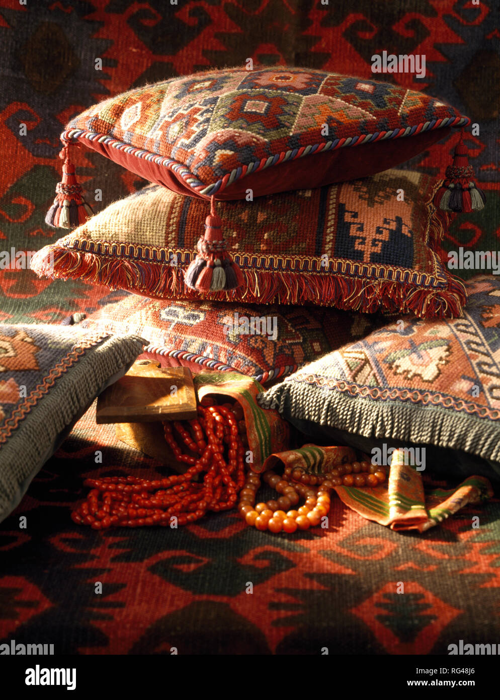 Richly coloured Middle Eastern style tapestry cushions Stock Photo Alamy