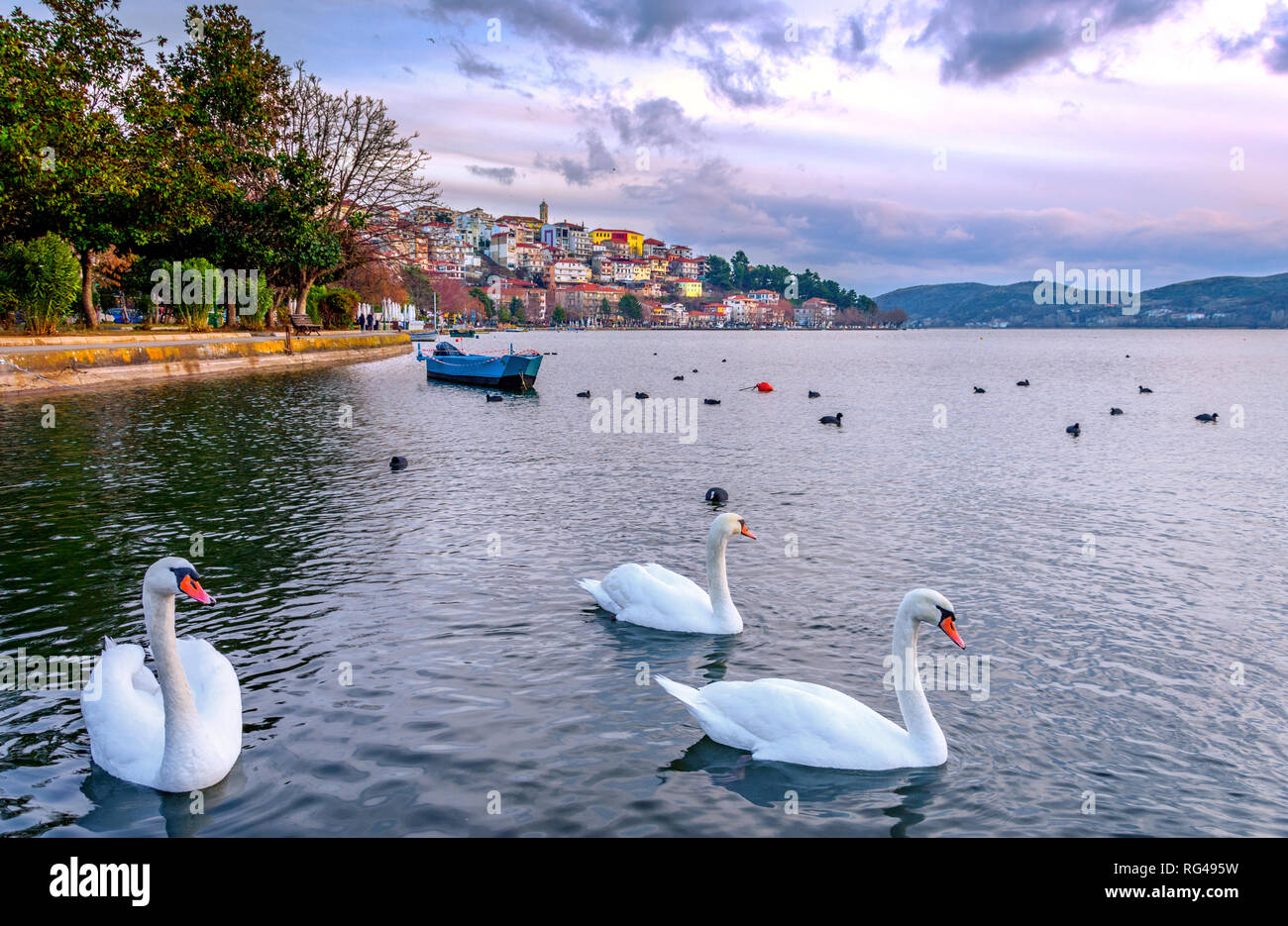 View of Kastoria town and Orestiada (or 'Orestias') lake, Macedonia, Greece. Stock Photo