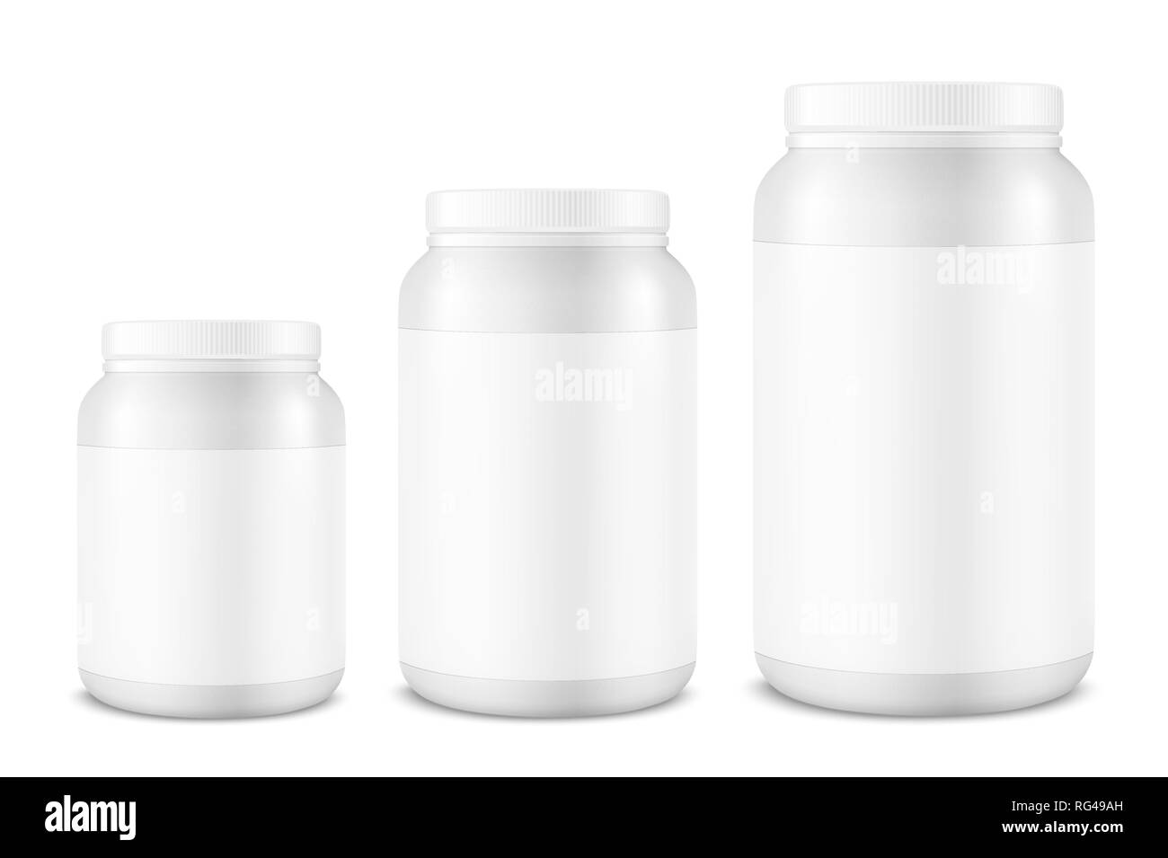 Vector Realistic 3d White Plastic Jar, Can with Lid Set Closeup Isolated on White Background. Design Template of Whey Protein, Sport Powder, Vitamins Stock Vector
